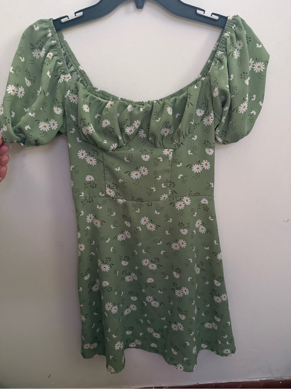 SHEIN Green Daisy Print Puff-Sleeve Mini Dress